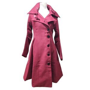 ForeMode Size Small Women's Pea Coat with Hoodie Mid-Long Long Sleeve Goth Lapel